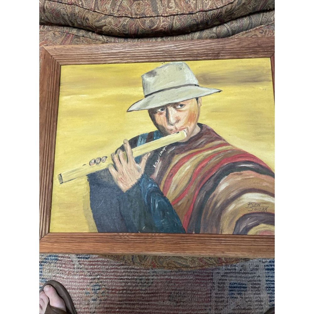 Mid Century Oil On Board Flute Player By N. J. Artist  Ben Swierk (1918-1997 )